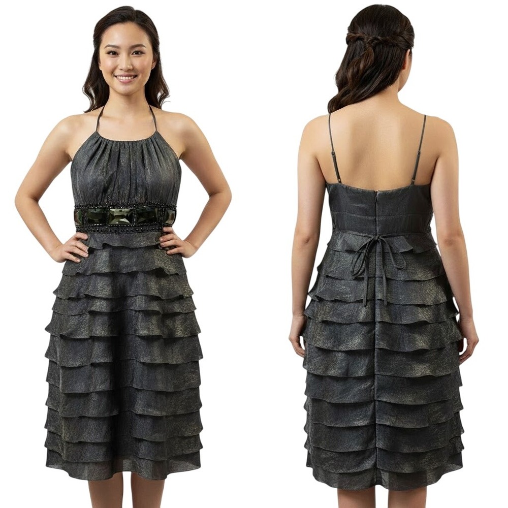 Adrianna Papell Dress 4 Charcoal Tiered‎ Halterneck Embellished Pleated Glam